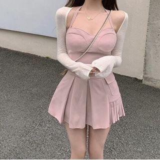 Halter-neck Camisole Top / Pleated Mini A-line Skirt / Long-sleeve Shrug