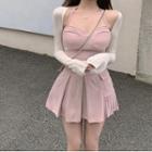 Halter-neck Camisole Top / Pleated Mini A-line Skirt / Long-sleeve Shrug