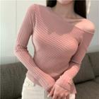One-shoulder Plain Ribbed Knit Top Pink - One Size