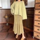 Plain Crewneck Loose-fit Sweater / Floral Chiffon High-waist Skirt