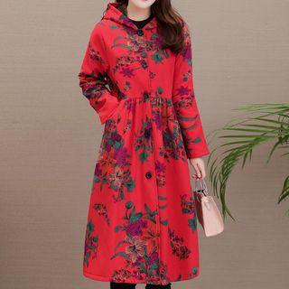 Flower Print Hooded A-line Coat