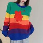 Bear Embroidered Color Block Sweater Green & Red & Purple - One Size