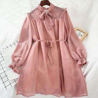 Tie-neck Long-sleeve Ruffled A-line Dress
