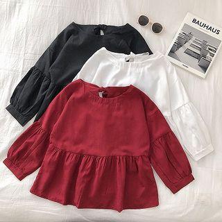 Plain Crewneck Lace-up Puff-sleeve Top