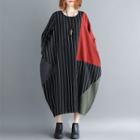 Long-sleeve Color Block Striped Panel Midi Dress Black - One Size