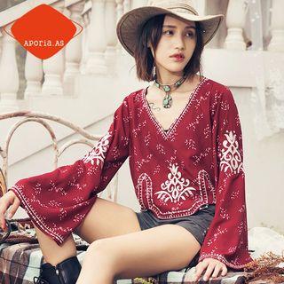 V-neck Embroidered Long-sleeve Chiffon Top