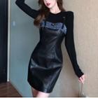 Set: Spaghetti Strap Faux Leather Mini Bodycon Dress + T-shirt