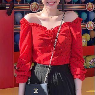 Off-shoulder Bell-sleeve Ruched Chiffon Blouse