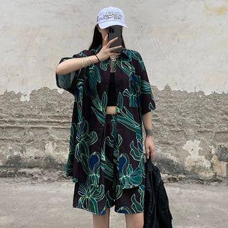 Set: Short-sleeve Print Shirt + Straight Leg Shorts As Shown In Figure - One Size