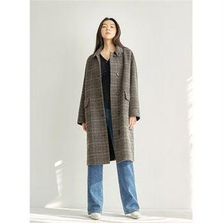 Single-breasted Checked Woolen Coat Navy Blue - One Size