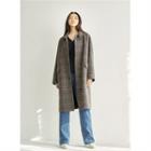 Single-breasted Checked Woolen Coat Navy Blue - One Size