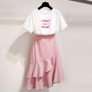 Set: Short-sleeve Lettering T-shirt + Striped Asymmetric A-line Skirt