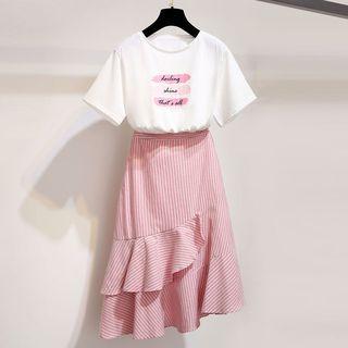 Set: Short-sleeve Lettering T-shirt + Striped Asymmetric A-line Skirt