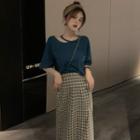 Set: Short-sleeve Plain T-shirt + Plaid Slit Midi Pencil Skirt