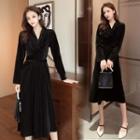 V-neck Long-sleeve A-line Midi Velvet Dress