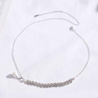 925 Sterling Silver Leaf Faux Pearl Pendant Necklace As Shown In Figure - One Size