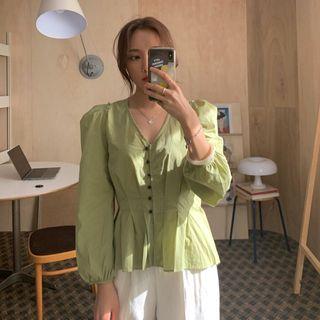 Plain Puff-sleeve Frill Trim Buttoned Top Avocado Green - One Size