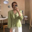 Plain Puff-sleeve Frill Trim Buttoned Top Avocado Green - One Size