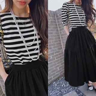 Elbow-sleeve Stripe T-shirt Black - One Size