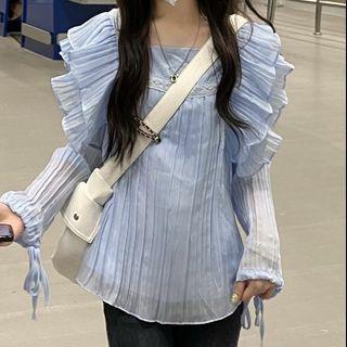 Long-sleeve Square Neck Ruffle Trim Ruched Loose Fit Sheer Top Top - Blue - One Size