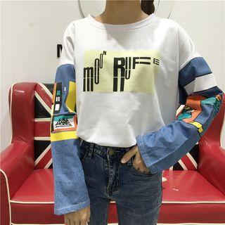 Long Sleeve Round Neck Print Panel T-shirt