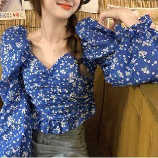 Puff-sleeve Floral Printed Top
