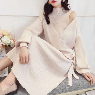 Set: Sleeveless Mock Neck Knit Dress + Wrap Sweater