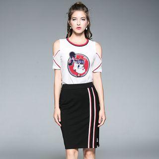 Set: Cutout Shoulder Short-sleeve Sequined T-shirt + Striped Trim Pencil Skirt