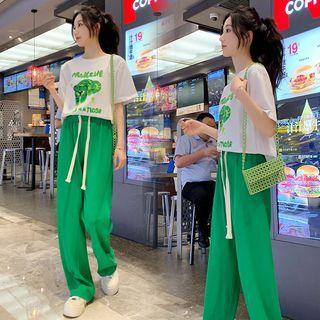 Set: Elbow-sleeve Print T-shirt + High Waist Wide Leg Pants