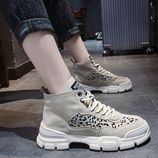Leopard Print Panel Lace Up Platform Sneakers