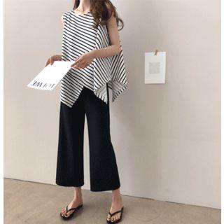 Set: Sleeveless Striped Top + Band-waist Boot-cut Pants