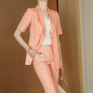 Set: Short-sleeve Double-breasted Striped Blazer + Skinny Pants