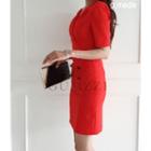 Wrap-front Double-button Sheath Dress