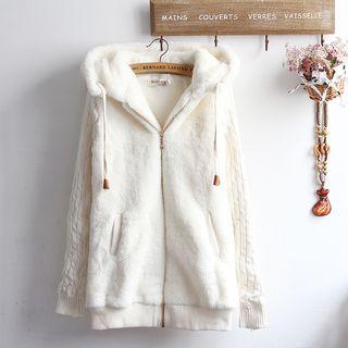 Knit-sleeve Hooded Embroidered Furry Jacket