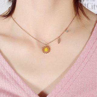 Stainless Steel Rhinestone Flower Pendant Necklace 1648 - Necklace - Rose Gold Plating - One Size