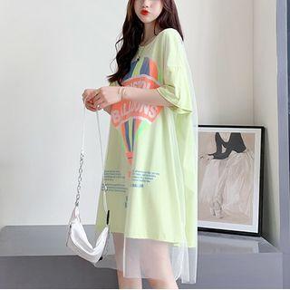 Elbow-sleeve Lettering Print Mesh Overlay T-shirt Dress