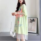 Elbow-sleeve Lettering Print Mesh Overlay T-shirt Dress