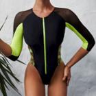 3/4-sleeve Cutout Zip-up Swimsuit