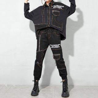 Lettering Panel Denim Shirt / Drawstring Denim Joggers / Set