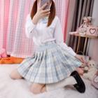 Plaid Pleated A-line Mini Skirt / Long-sleeve Plain Shirt / Short-sleeve Plain Shirt / Tie / Bow Tie