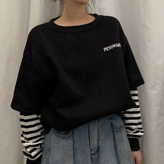 Mock Two-piece Striped-sleeve Lettering Sweatshirt