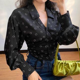 Lantern-sleeve Smiley Face Print Shirt