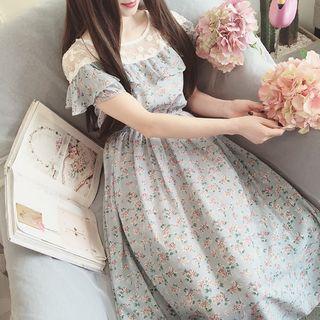 Lace Panel Floral Print Short Sleeve Chiffon Dress