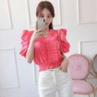 Puff-sleeve Pleated Ruffle-trim Blouse