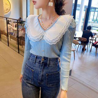 Layered Mesh Collar Long-sleeve Knit Top