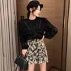 Set: Layered Collar Lace Blouse + Furry Mini Fitted Skirt