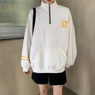 Number Print Stand-collar Half-zip Pullover