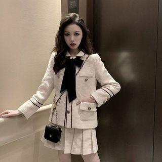 Contrast Trim Single-breasted Jacket / Mini Pleated Skirt