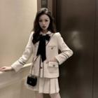 Contrast Trim Single-breasted Jacket / Mini Pleated Skirt