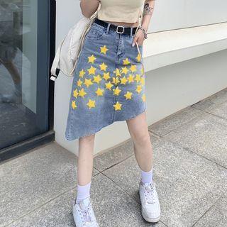 Star Print Irregular Denim Skirt